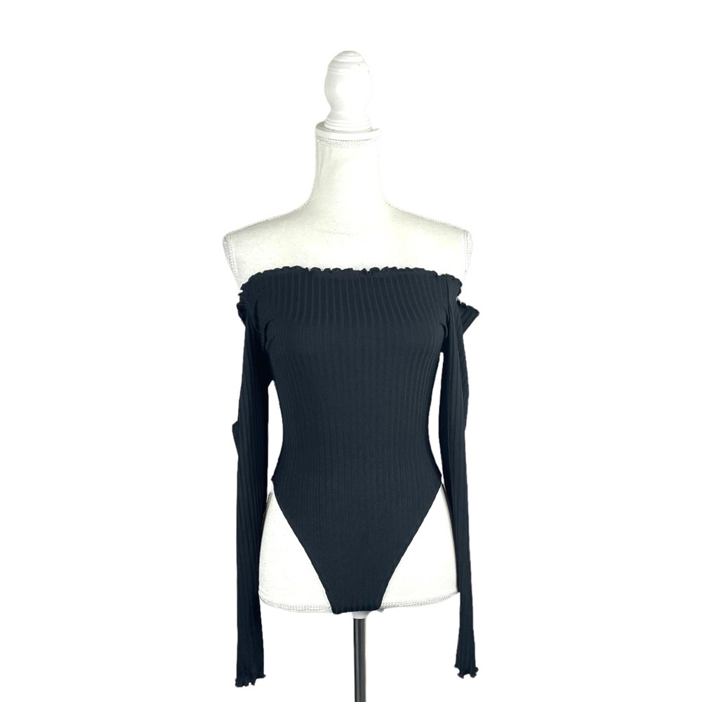 Nasty Gal Black Ribbed Off The Shoulder Lettuce Hem Neck Bodysuit Long Sleeve